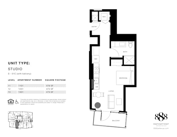 A floor plan for a studio apartment with a balcony is shown.