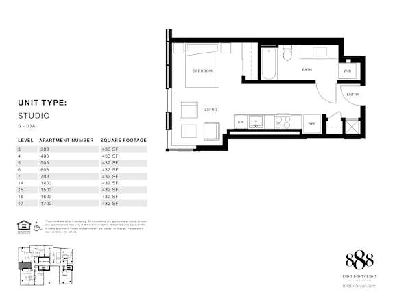 A floor plan for a studio apartment with a detailed breakdown of square footage by level.