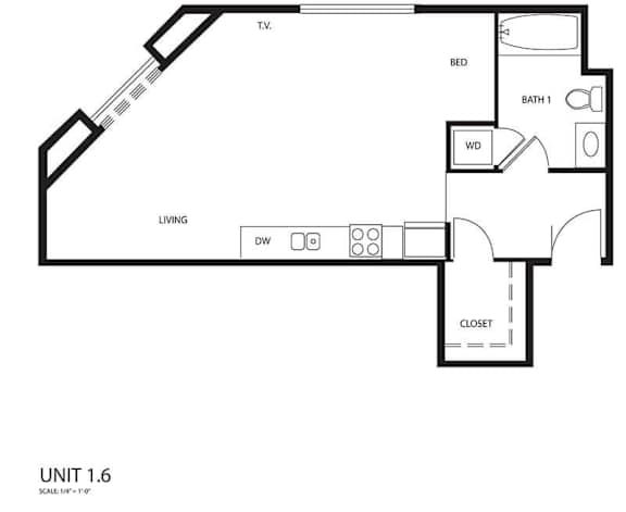 A black and white image of a floor plan for a living space.