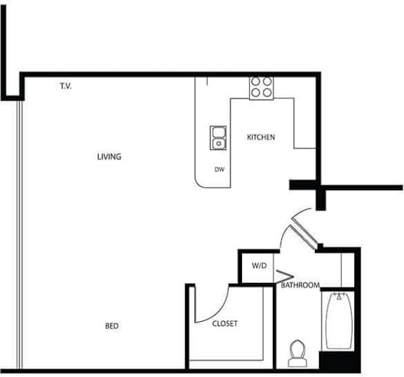 A simple black and white drawing of a house layout.