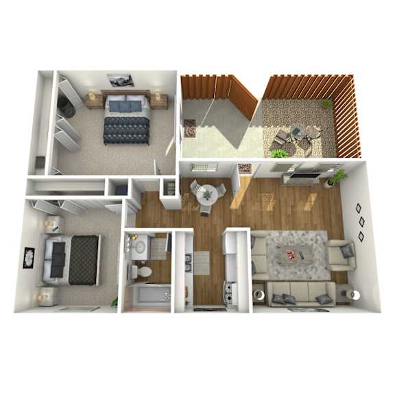 A 3D floor plan of a house showing all rooms and their layouts.