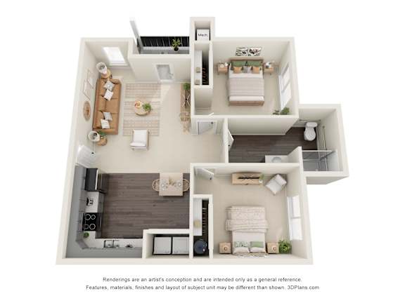 A 3D floor plan of a house with multiple rooms.