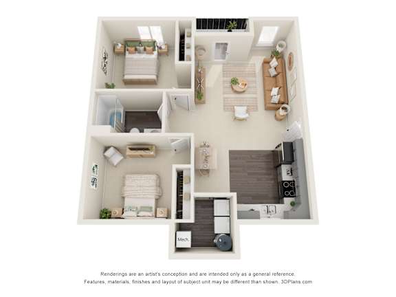 A 3D floor plan of a house with a kitchen, living room, and two bedrooms.