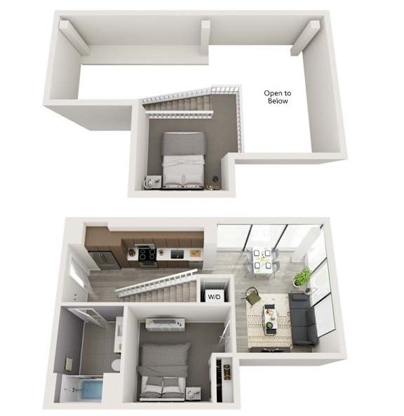 A diagram of a small apartment with a bedroom, living room, and kitchen.