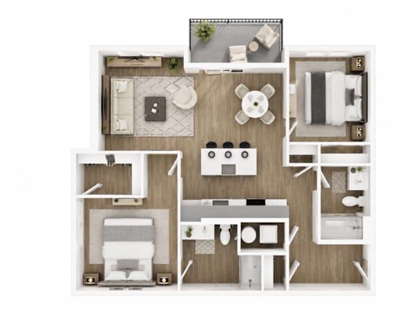 A top-down view of a small apartment with a kitchen, living room, and bathroom.
