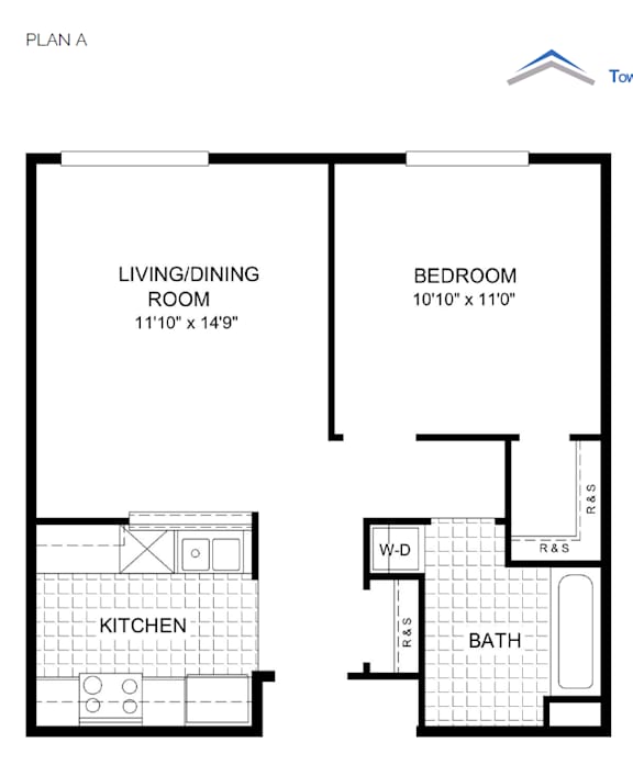 A floor plan for a small apartment with a living/dining room, kitchen, bedroom, and bathroom.