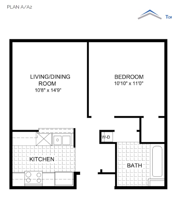 A floor plan for a small apartment with a kitchen, living/dining room, and bathroom.