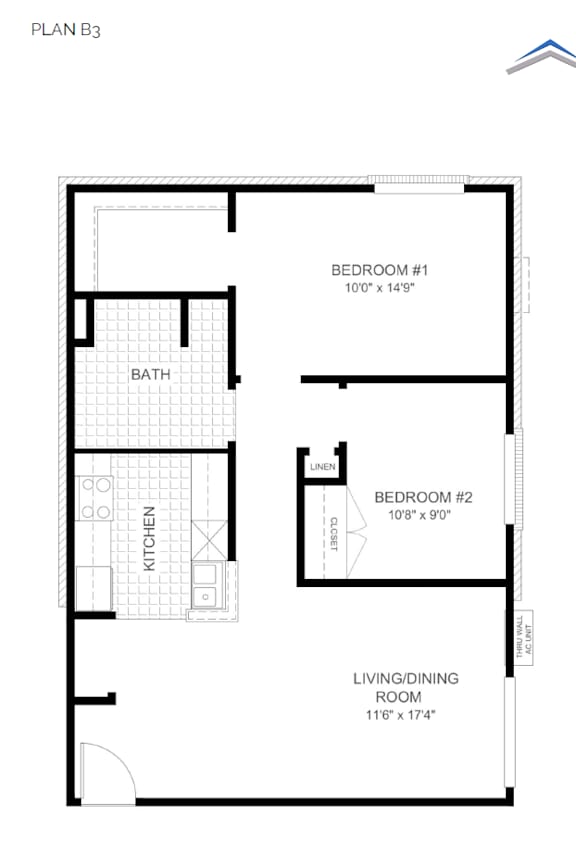 A floor plan for Plan B3 shows the layout of a room with a bath, two bedrooms, a kitchen, and a living/dining room.