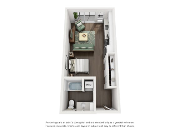 a stylized floor plan of a 1 bedroom apartment