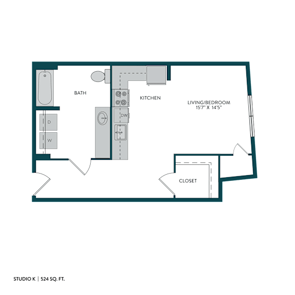 A floor plan of a studio apartment with a kitchen, bathroom, living/bedroom, and closet.