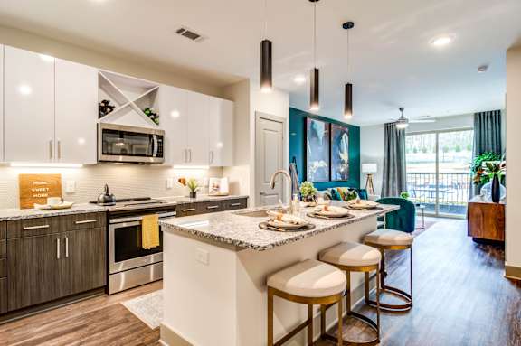 Skye Suwanee Town Center Apartments in Suwanee, Georgia Model Kitchen with Island