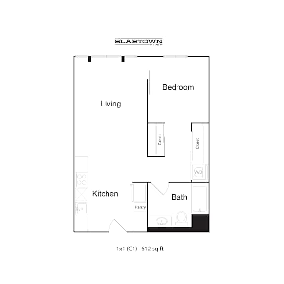 A floor plan for a Slabtown apartment shows a living room, kitchen, bathroom and bedroom.
