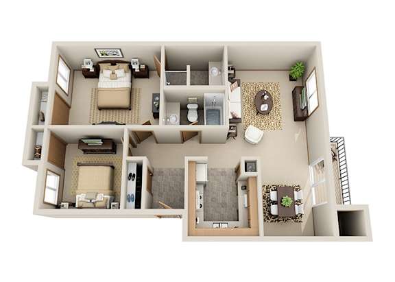 A 3D floor plan of a small apartment with a bedroom, living room, and kitchen.