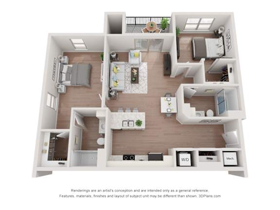 A 3D floor plan of a 2 bedroom layout with two bedrooms, two bathrooms, kitchen, and living room.