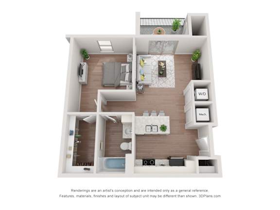A 3D floor plan of a one bedroom layout with a kitchen, living room, and bathroom.