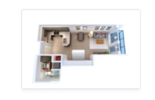 A floor plan of a small apartment with a kitchen, living room, and two bedrooms.