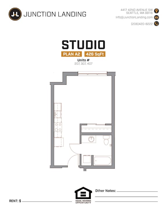 A floor plan for a studio apartment is shown for rent.