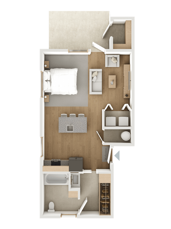 A top-down view of a small apartment with a bedroom, living room, and kitchen.