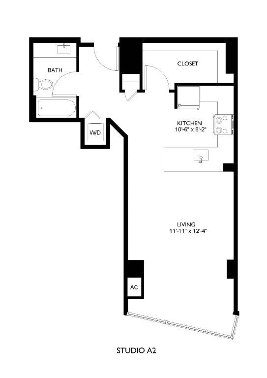 A floor plan of a studio apartment with a living room, kitchen, bathroom, and closet.