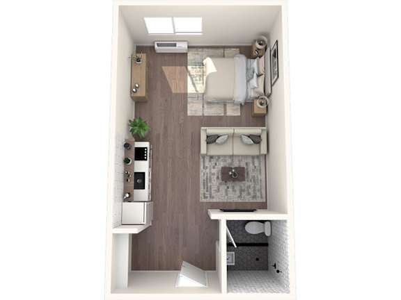 A small, modern kitchen with a sink, stove, and refrigerator.