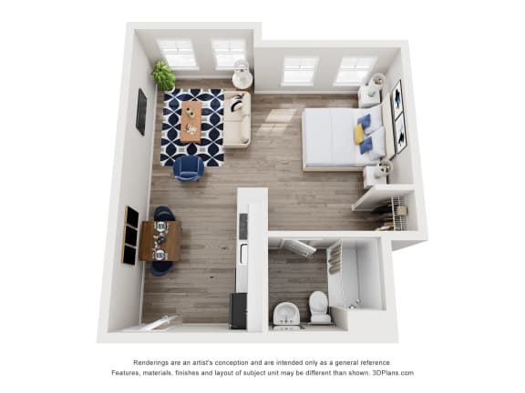 Studio Domain 3D floorplans - ADA 420 sq ft