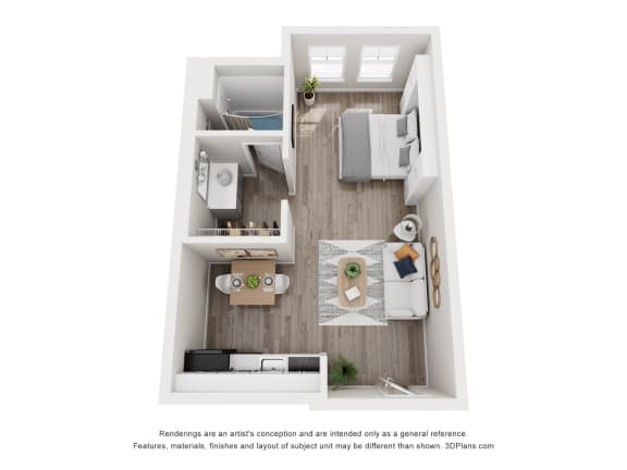 Studio Domain 3D floorplans - studio 285 sq ft