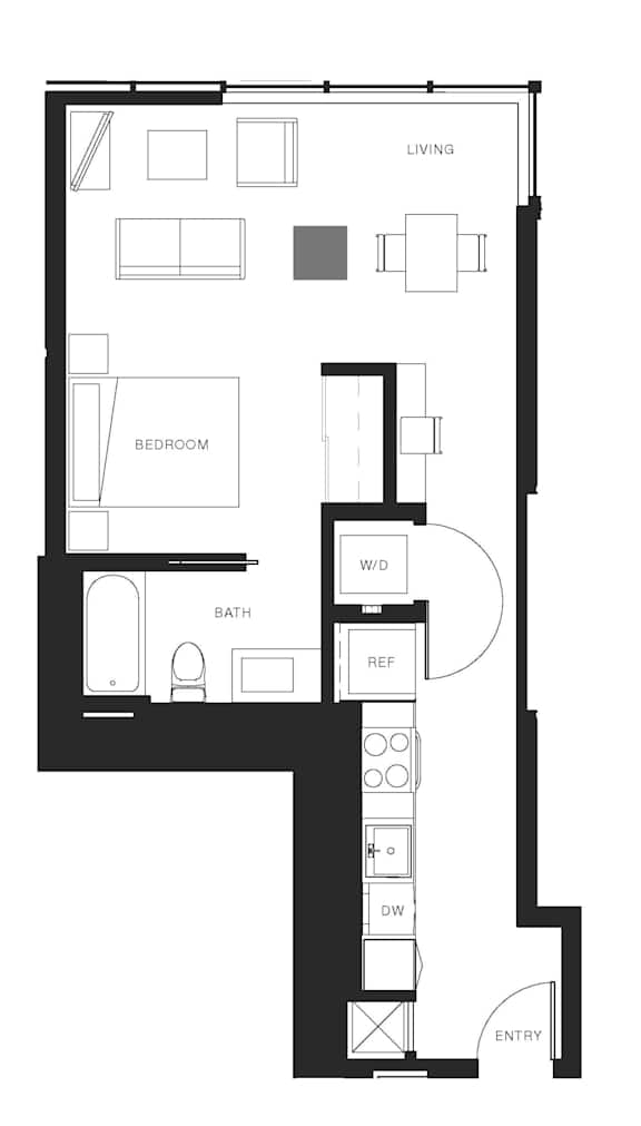 A black and white image of a floor plan for a Studio at 888 Bellevue apartments.