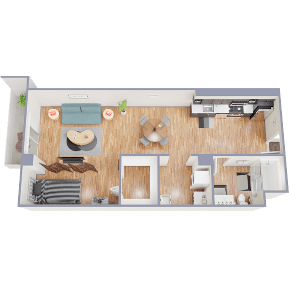 A top-down view of a room with a couch, a coffee table, a bed, and a desk.