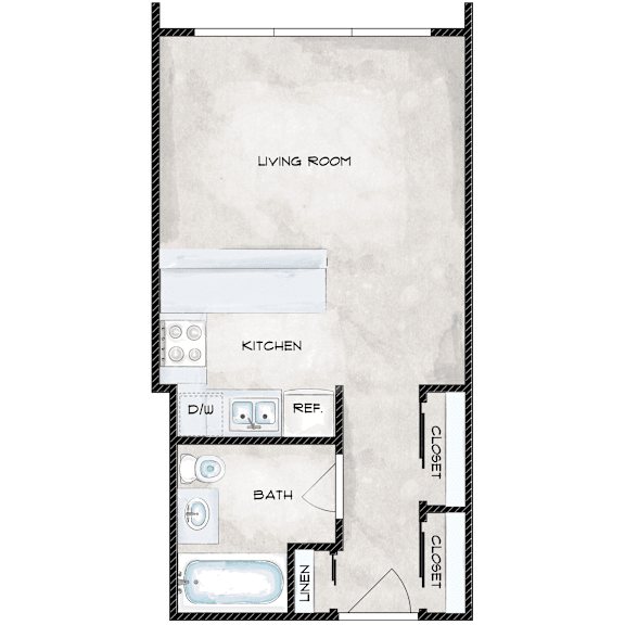 A drawing of a living room with a kitchen, bathroom, and living area.