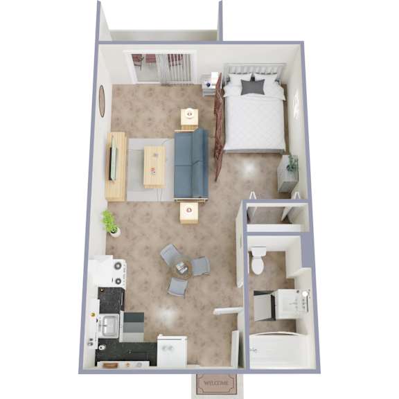 A top down view of a small apartment with a bedroom, living room, and kitchen.