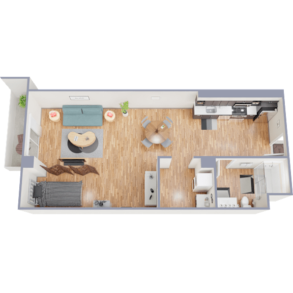 A top-down view of a room with a couch, chairs, a table, and a television.