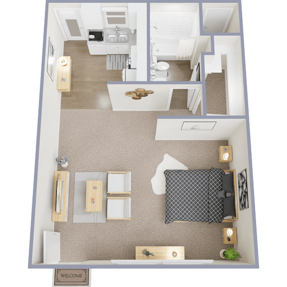 A floor plan of a house with a living room, kitchen, and two bedrooms.
