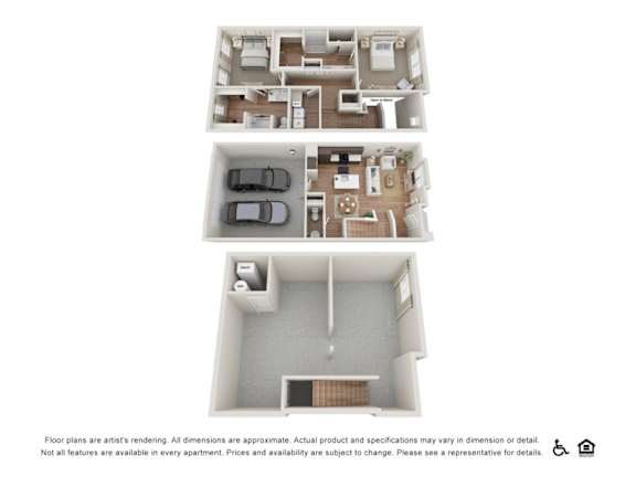 A floor plan of an apartment is shown with a kitchen, living room, two bedrooms, and a garage.