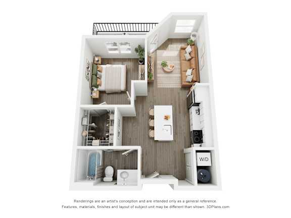 A 3D floor plan of a 1 BR B with a kitchen, living room, and bathroom.