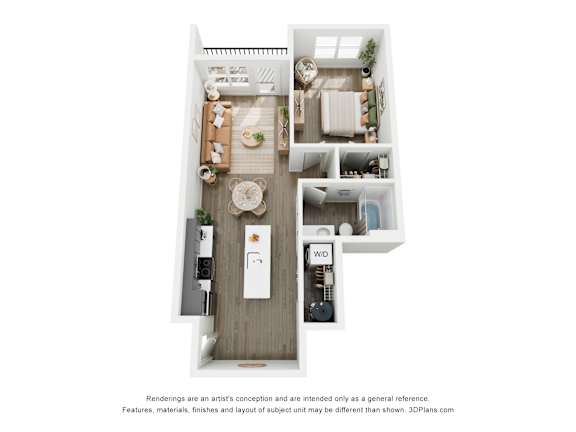 A 3D floor plan of 1 BR C with a kitchen, living room, bedroom, and bathroom.