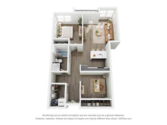 A 3D floor plan of 1 BR E with a kitchen, living room, bedroom, and bathroom.