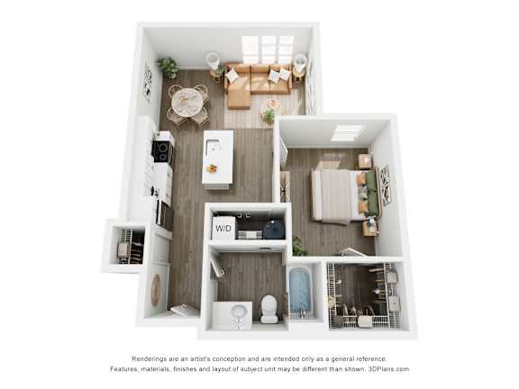 A 3D floor plan of 1 BR F with a kitchen, living room, bedroom, and bathroom.