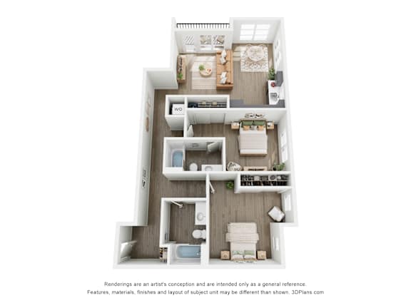 A 3D floor plan of 2 BR B with a kitchen, living room, 2 bedrooms, and 2 bathrooms.