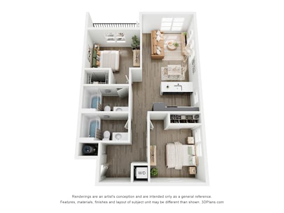 A 3D floor plan of 2 BR C with a kitchen, living room, 2 bedrooms, and 2 bathrooms.