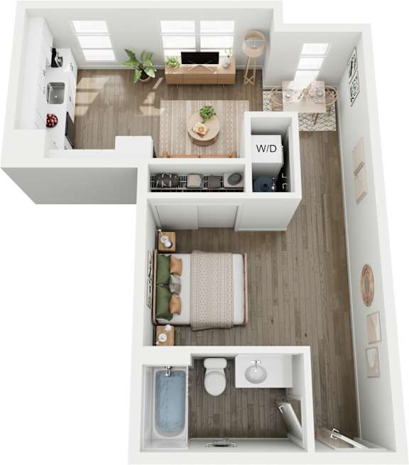A top-down view of a small apartment with a kitchen, living room, and bathroom.