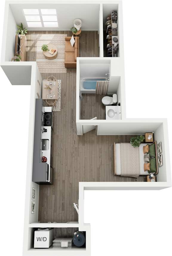 A top-down view of a small apartment with a kitchen, living room, and bathroom.