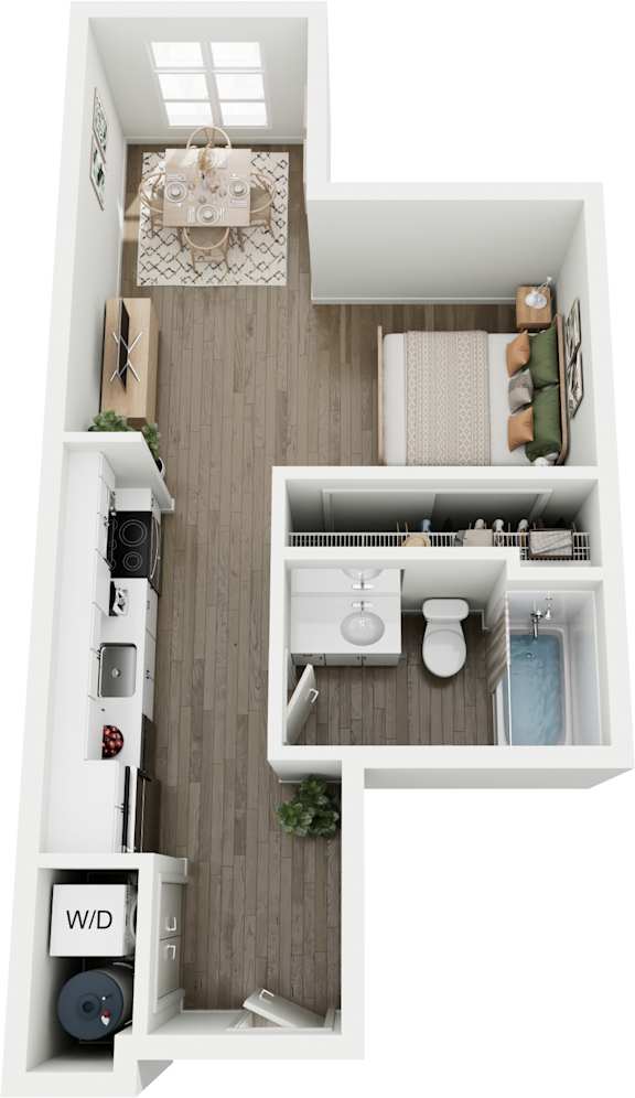 A top-down view of a small apartment with a kitchen, living room, and bathroom.