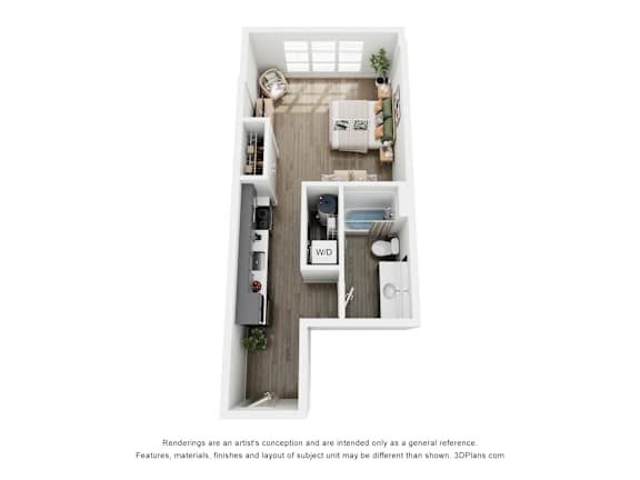 A 3D floor plan of a small apartment with a kitchen, living room, and bathroom.