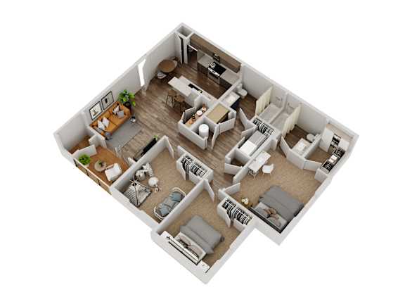 A 3D floor plan of a house with multiple rooms and furniture.