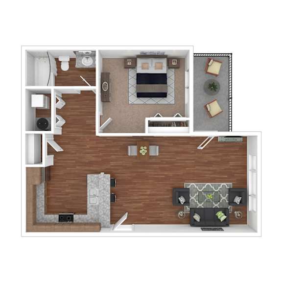 A top-down view of a living room with a couch, a coffee table, and a television.