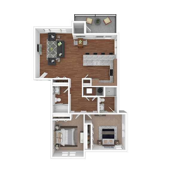 A floor plan of a house with a kitchen, living room, dining room, and two bedrooms.