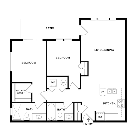 A black and white floor plan of a house with two bedrooms, a living/dining area, a kitchen, two bathrooms, a patio, and a walk-in closet.