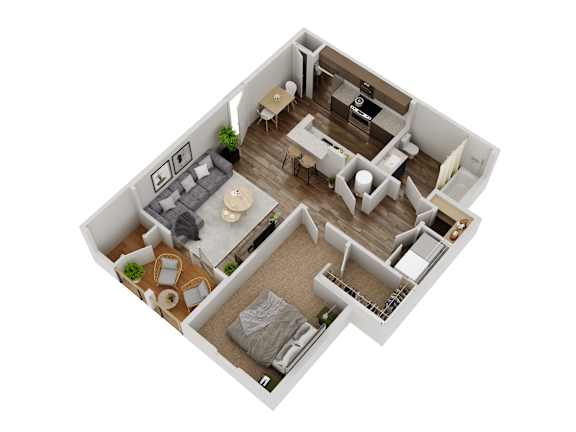 A top-down view of a small apartment with a living room, kitchen, and bedroom.