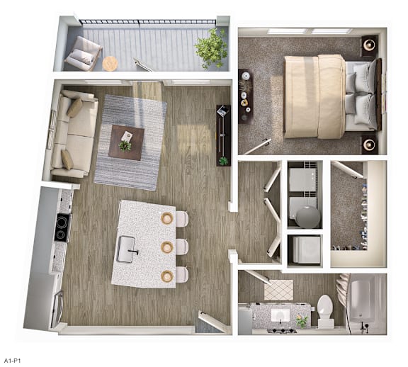 A top-down view of a modern apartment layout with a living room, kitchen, and bathroom.