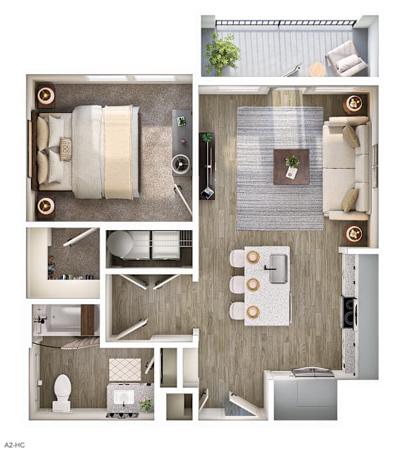 A 3D floor plan of a small apartment with a kitchen, living room, and bathroom.